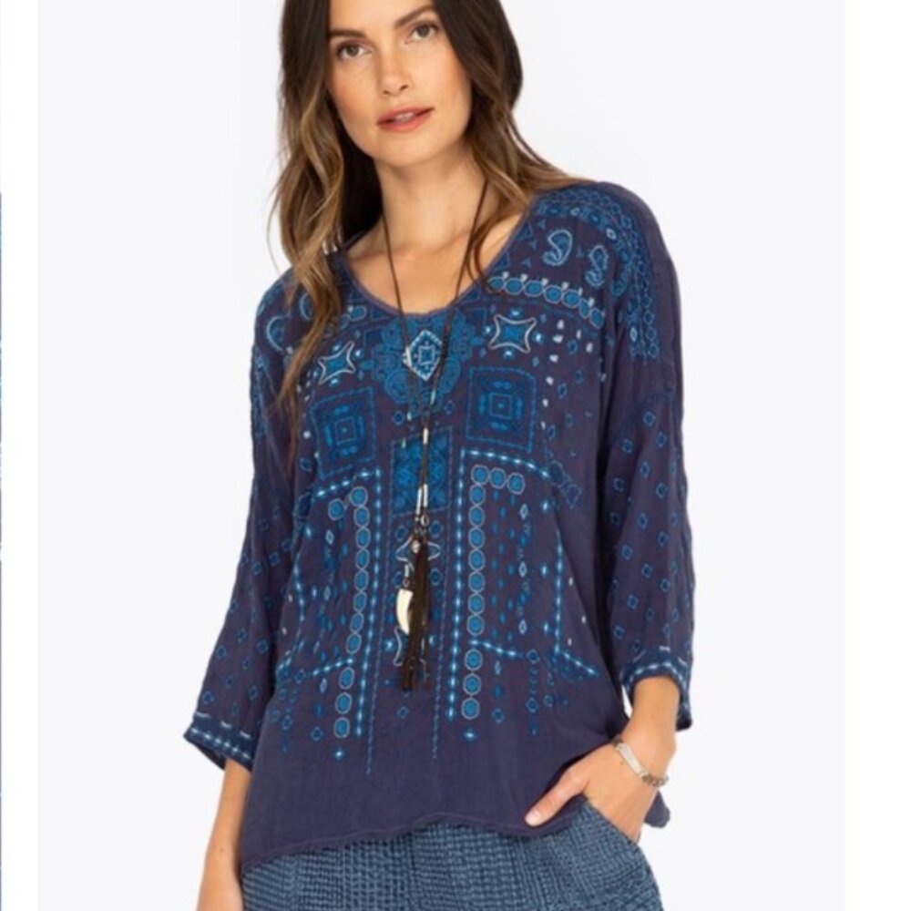 Johnny Was Amaru Embroidered Blue Blouse XS